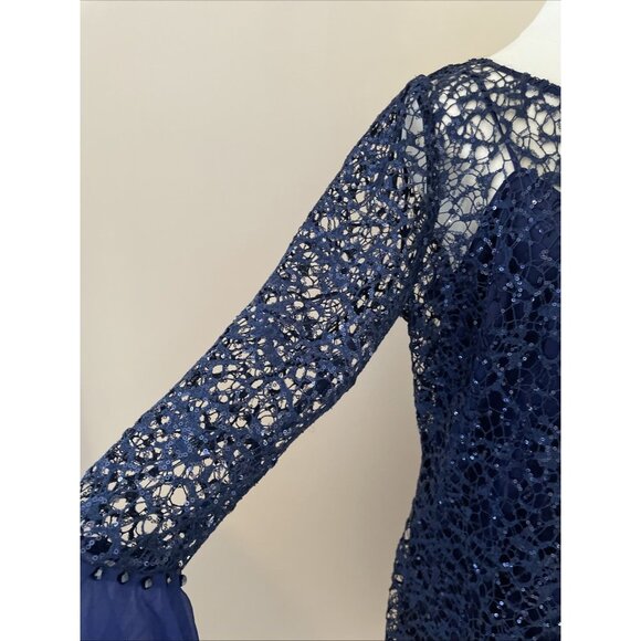 Alex Evenings Sheer Lace Sequin Dress w/ Slip Navy Bell Sleeves Fairy Whimsical - Picture 5 of 13